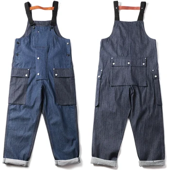 Multi-bolso Ponto de Contraste Macacão Jeans Mens Jeans Vintage Macacão de Trabalho de Carga Calças Largas Calças Jardineiras Moda masculina