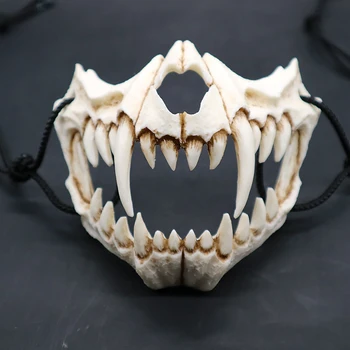 Máscara Do Partido Dentes Longos Demônio Samurai Branco Osso Máscara De Tengu Dragão Yaksa Tigre Resina Máscara De Cosplay Adereços Halloween Acessórios