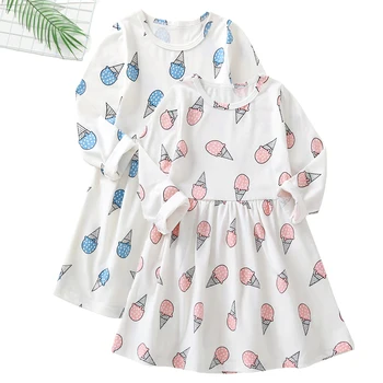 NOVO Outono Criança Bebê Vestidos de Menina Bonito sorvete de Impressão Traje de Princesa Manga Longa Vestido de Noite