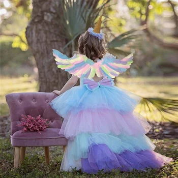 Natal Fofo Menina Princesa Unicorn Dress Lindo Sem Encosto Longa Cauda Do Vestido De Casamento De Crianças De Halloween Unicórnio Cosplay Fantasia