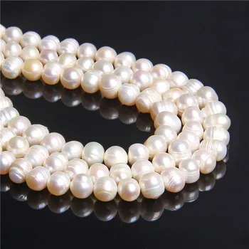 Natural, branco round round 9-10mm de contas de pérolas real solta pérolas de água doce Cultivadas esferas de mulheres para fazer jóias colar