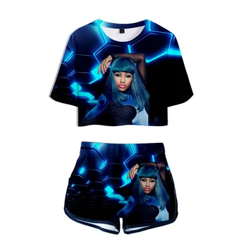 Nicki Minaj Impressão 3d de Duas peças de Conjunto de Manga Curta Crop Top + Shorts de Suor se adapte às Mulheres de Treino de Duas peças de Roupas da Garota Verão Conjuntos
