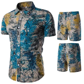 Nova Verão de 2018, masculina Casual Conjunto de Mens roupas Florais, Camisa, Calções de Praia de Impressão de Camisas, Shorts, Calças de Duas peças de Terno Plus Size