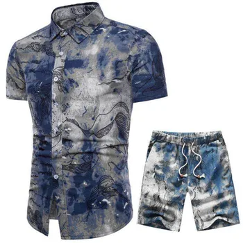 Nova Verão de 2018, masculina Casual Conjunto de Mens roupas Florais, Camisa, Calções de Praia de Impressão de Camisas, Shorts, Calças de Duas peças de Terno Plus Size