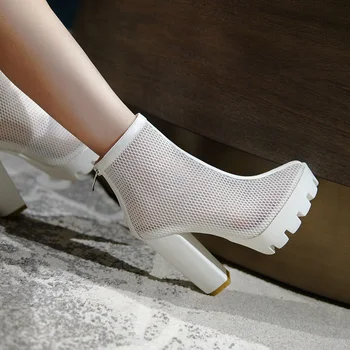 Nova marca de couro+ malha bombas de moda de verão de tornozelo botas para mulheres sexy cut-outs zip festa de casamento sapatos de mulher sandálias de salto alto