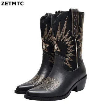Nova moda em Relevo as mulheres ankle boots dedo apontado ocidental botas de cowboy mulheres meados de bezerro grossas fatias de botas para pista