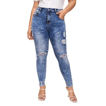 Novas Mulheres Plus Size Slim Fit Buraco Moda Jeans Rasgado de Grânulos de Cor Sólida de Alta cintura Pés Elasticidade de Jeans, Calças de S-4XL