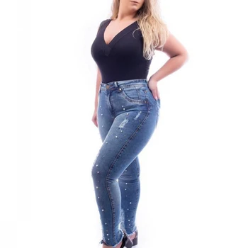 Novas Mulheres Plus Size Slim Fit Buraco Moda Jeans Rasgado de Grânulos de Cor Sólida de Alta cintura Pés Elasticidade de Jeans, Calças de S-4XL
