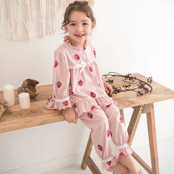 Novo 2pcs/set Crianças Pijama Baby Bay Meninas de Renda Pijamas de Mangas compridas, roupas de Lazer de Crianças Pijama de Menina, Estilo de Vestuário de 2 a 10 Anos