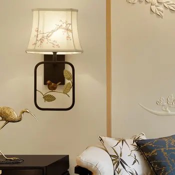 Novo Chinês de lâmpada sala de estar de plano de fundo lâmpada de parede moderna, criativa, simples quarto de cabeceira lâmpada Hotel Villa corredor tecido lâmpada de parede
