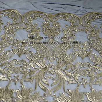 Novo estilo de moda de alta qualidade-bege/off white/ouro fundo preto grande padrão de bordado do vestido de casamento do laço de tecido pelo estaleiro de