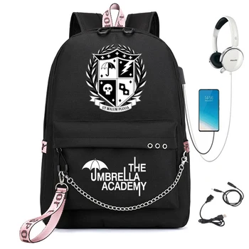 O Umbrella academy USB Mochila Mulheres Homens Adolescente Saco de Escola de Mulheres USB de Viagem Mochila Grande Mochila Escolar Com a Cadeia de