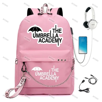 O Umbrella academy USB Mochila Mulheres Homens Adolescente Saco de Escola de Mulheres USB de Viagem Mochila Grande Mochila Escolar Com a Cadeia de