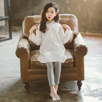 O coreano 2019 Novo Outono Bebê Camisa de Algodão da Menina de Blusa Branca com Cores Sólidas Soltas de Lazer de Crianças Manga Longa Tops da Criança Camisa,#5342
