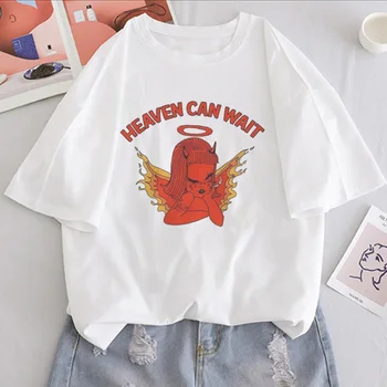 O céu Pode Esperar Anjo Menina de Impressão de T-shirt das Mulheres Casual Ulzzang Estética Divertido Streetwear Tshirt Nova Harajuku Coreia do sexo Feminino T-Shirt