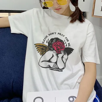 O céu Pode Esperar Anjo Menina de Impressão de T-shirt das Mulheres Casual Ulzzang Estética Divertido Streetwear Tshirt Nova Harajuku Coreia do sexo Feminino T-Shirt