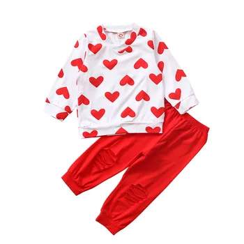 O mais novo de Criança Roupas de Bebê Meninas em Forma de Coração de Impressão Tops, T-Shirt Rasgada Calças Conjunto Bebê com Roupas do Dia dos Namorados Roupas