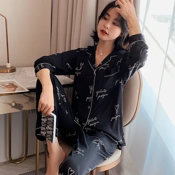 O verão coreano Impressão Pijamas de Cetim Pijama Terno de Manga Longa Pijamas Senhoras PJ Conjunto Desgaste da Noite Imitação de Seda Pijamas Para Mulheres