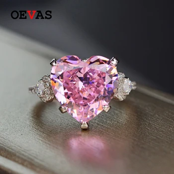 OEVAS Sólida Prata 925 12*12mm Coração cor de Rosa com Alto teor de Carbono do Diamante Anéis de Casamento Para Wimen Espumante Nupcial Jóias Finas