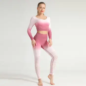 Ombre Perfeita Yoga Define As Mulheres Roupas De Ginástica Tops De Manga Longa, Leggings Ocos De Fitness, Sportwear Roupa Terno De Treino De Conjunto