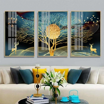 Ouro Resumo Veado Árvore de Aves Arte de Parede de Lona da Pintura Nórdica, Cartazes e Estampas Decorativas Imagens para a Sala de Decoração de Casa