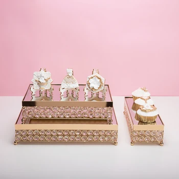 Ouro rectângulo de bolo bandeja de cristal cupcake placa de bolo de casamento da tabela de acessórios de festa decoração de ferramentas para a sobremesa