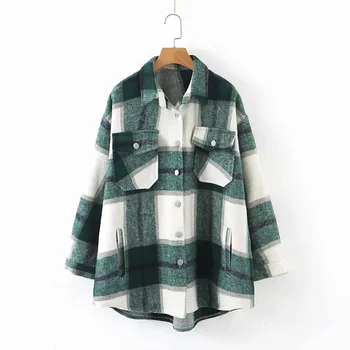 Outono inverno verde casaco xadrez e casaco de Moda de botão de manga comprida casaco casual office quente outwear de grandes dimensões casacos de senhoras