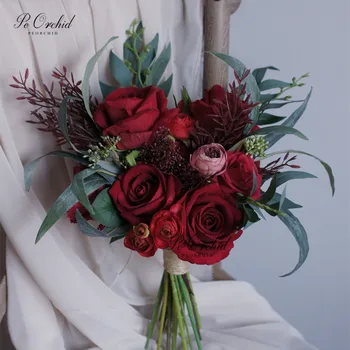 PEORCHID 2020 Vintage Rosas Vermelhas Buquê de Noiva Artificiais, Buquês das Damas de honra do Casamento de Noivas Mão Segurando Flores букеты цветов