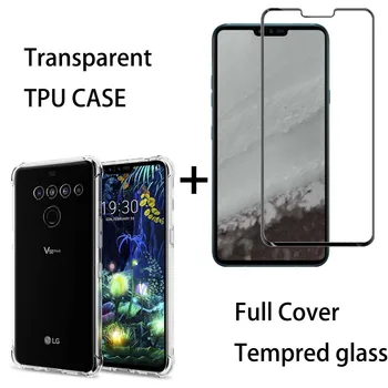 Para LG V50 ThinQ 5G G8 G8s Thinq Transparente Macio TPU Case Capa com Total Cobertura de Vidro Temperado Preto Protetor de Tela