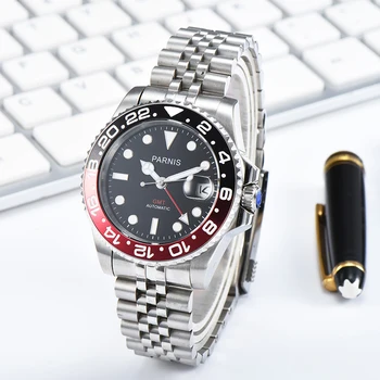 Parnis 40mm Azul Vermelha Moldura Mecânicos Automáticos os Relógios dos Homens GMT Cristal de Safira Homem Relógio de mergulho Homens Relógio de alto Luxo da Marca