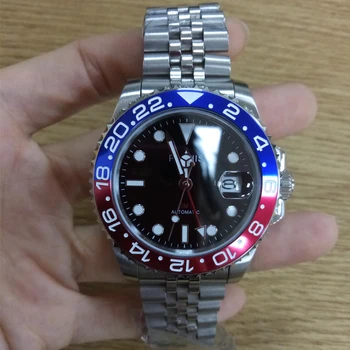 Parnis 40mm Azul Vermelha Moldura Mecânicos Automáticos os Relógios dos Homens GMT Cristal de Safira Homem Relógio de mergulho Homens Relógio de alto Luxo da Marca