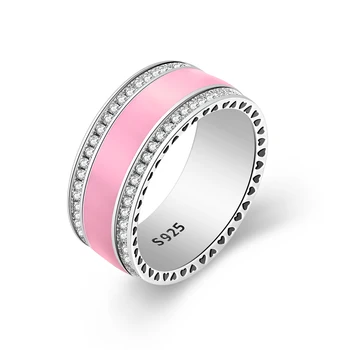 Pedra Grande De Esmalte Rosa Clássico Anel Redondo Cor De Prata Anel De Dedo Para As Mulheres De Jóias De Casamento