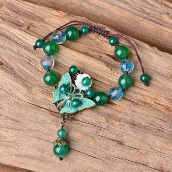 Pedra Jade Jadeite Esmeralda Borboleta Pulseira de Charme Jóias Acessórios de Moda Verde Chinês Esculpida Amuleto de Presentes para Mulheres