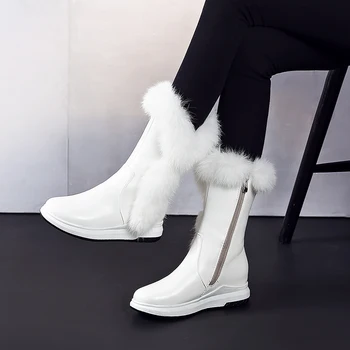 Pele de Animal Mulheres Botas de Neve de moda de Televisão Saltos 2021New de Inverno Sapatos de Algodão Mulher Com Zíper Preto Branco Grosso de Pelúcia Dedo do pé Redondo