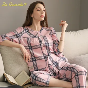 Pijama de Mulheres da Primavera e do Outono Novo Tecido de Algodão Algodão Xadrez Pijama 7-manga Casaquinho de Pijamas Mujer 2020 Novo Conjunto de Pijama