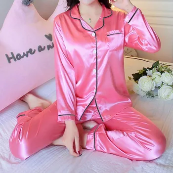 Pijamas de Mulheres Falso de Cetim de Seda Pijama Conjunto de Pijama de Manga Longa de Pijama em Casa Roupas Para mulheres de Dormir Camisa Home Desgaste