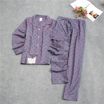 Pijamas para mulheres de algodão tecido de algodão escovado conjunto de Pijama de manga Longa, calças de pijamas Mulheres