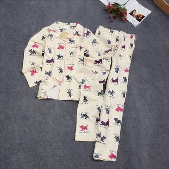 Pijamas para mulheres de algodão tecido de algodão escovado conjunto de Pijama de manga Longa, calças de pijamas Mulheres