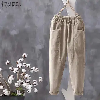 Plus Size ZANZEA Vintage Nabo Calças Mulheres de Calças Casuais Cintura Elástica Sólido de Veludo Calças Folgadas Calças de Harém Pantalon 5XL
