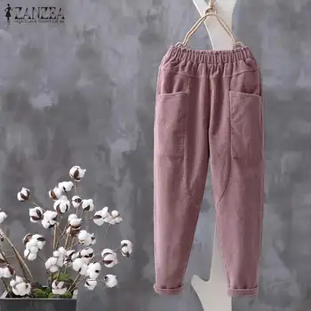 Plus Size ZANZEA Vintage Nabo Calças Mulheres de Calças Casuais Cintura Elástica Sólido de Veludo Calças Folgadas Calças de Harém Pantalon 5XL