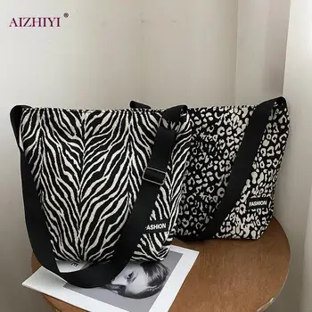Popular Simples Feminino Diário Moda De Bolsa De Zebra, Leopardo Impresso Saco Crossbody Feminino Lona Ombro Bolsa Totes