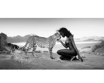 Preto Branco Paisagem Natural Leopard e Mulheres Nuas Cartazes de Arte de Parede para Sala de estar Decoração de Casa (Sem Moldura)