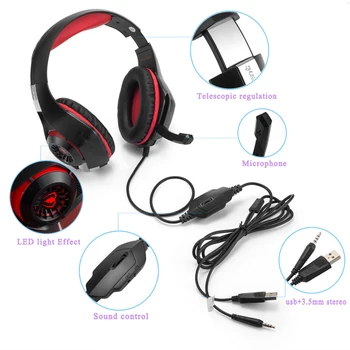Professional Gaming Headset Fone de ouvido com Fio Jogador de Fone de ouvido Estéreo de Som, Fones de ouvido com Microfone de Luz LED Para Computador PC Gamer