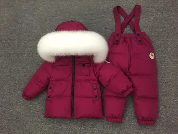 Projetado para o russo bebês com espessura de baixo do conjunto de crianças de baixo jaqueta de esqui de terno branco natural de grande gola de pele de raposa
