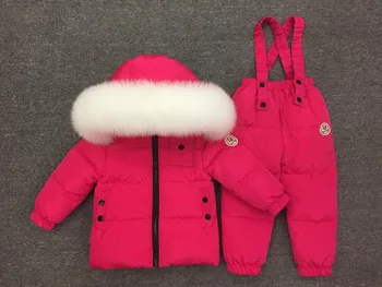 Projetado para o russo bebês com espessura de baixo do conjunto de crianças de baixo jaqueta de esqui de terno branco natural de grande gola de pele de raposa
