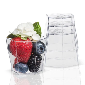 Promoção Fornecedores, Descartáveis de Plástico de Mesa, 55*45mm/60ml Transparente Mini Hexagonal de Vidro Taça de Sobremesa, 20/Pack