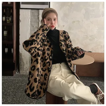 Qooth Japão Mulheres Casaco de Inverno Quente Leopard Casaco Estilo Solto de Retalhos Grossos Casacos de Curto Comprimento de Animal Print Outwear QT386