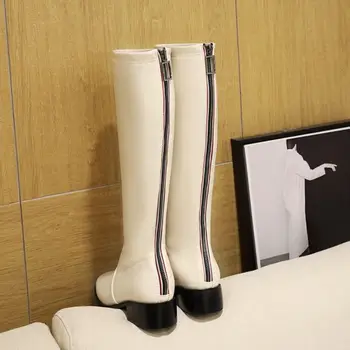 RIZABINA Plus Size 34-48 Mulheres Joelho Botas da Moda Zíper de Cristal Inverno Quente Sapatos de Mulher Grosso Calcanhar Tempo de Inicialização Senhora Calçado