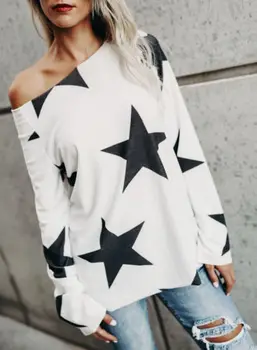 Reino UNIDO Moda as Mulheres Off-Ombro Estrelas, Camisa de Manga Longa Blusa Casual Tops Camisa de Estrelas de Impressão