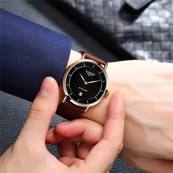 Relógio masculino Genuíno GUANQIN Moda Relógios de homens de melhor Marca de Luxo Ultra Fino de Quartzo Relógio Homens Casual de Couro relógio de Pulso